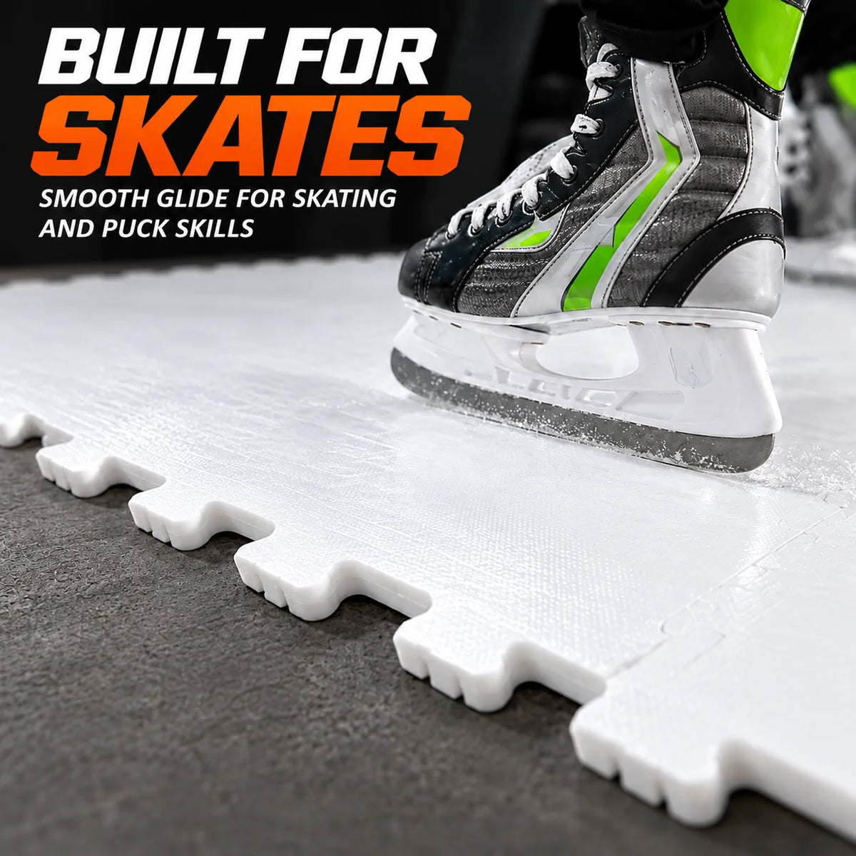 Hockey skate gliding on white Potent synthetic ice tiles