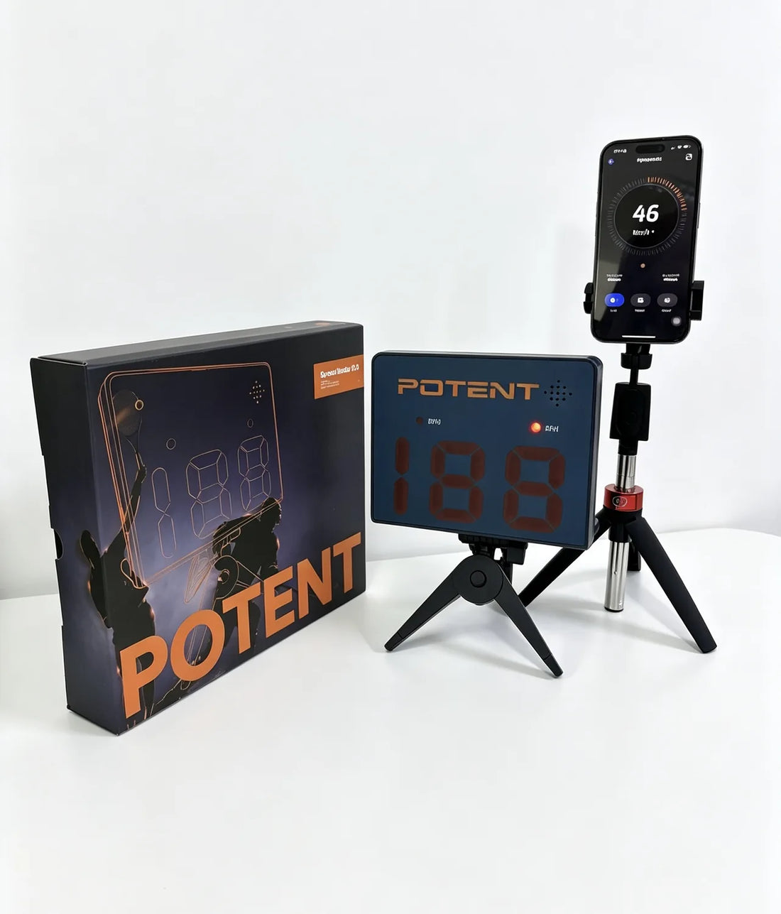 Speed Radar Gun 2.0 and a phone on tripods next to the Potent box