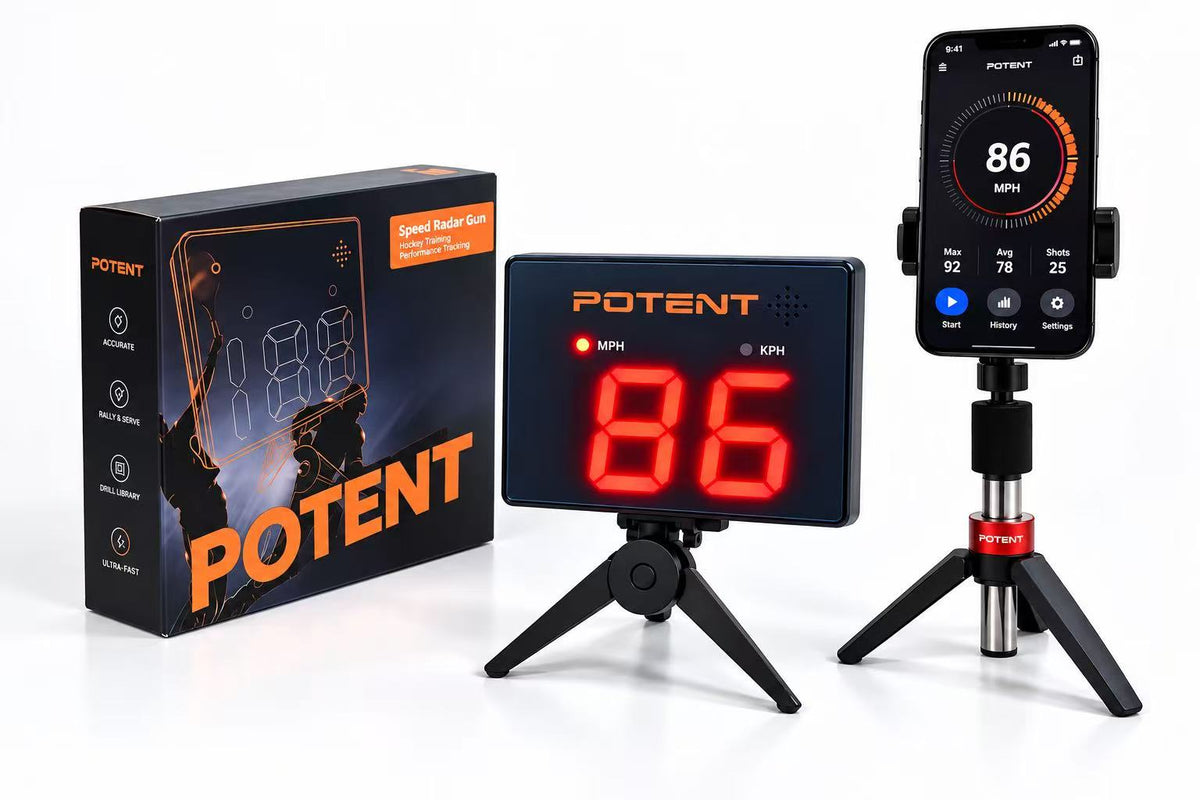 Speed Radar Gun 2.0 and a phone on tripods next to the Potent box
