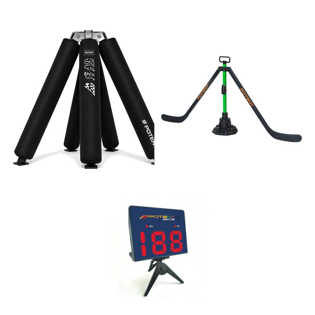 Coach Shooting & Skills System contents: Pro Screen Single Elite shot blocker, app-controlled Spin Defender rotating trainer, and Myspeedz Radar Gun 2.0 shot-speed display