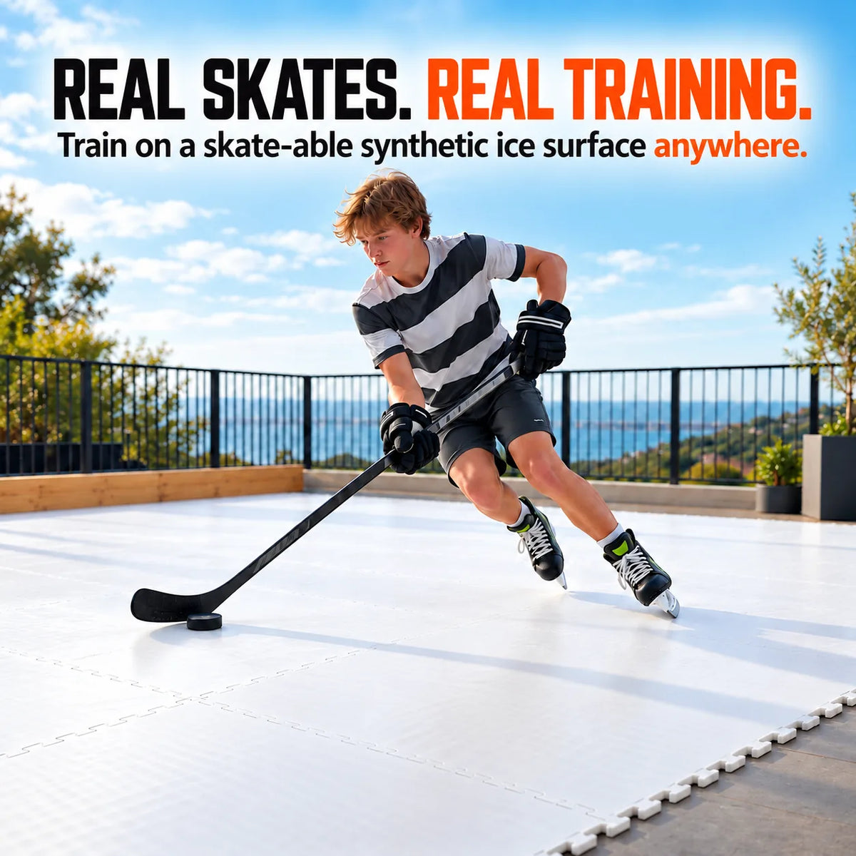 Player skating with real skates on Potent tiles outdoors